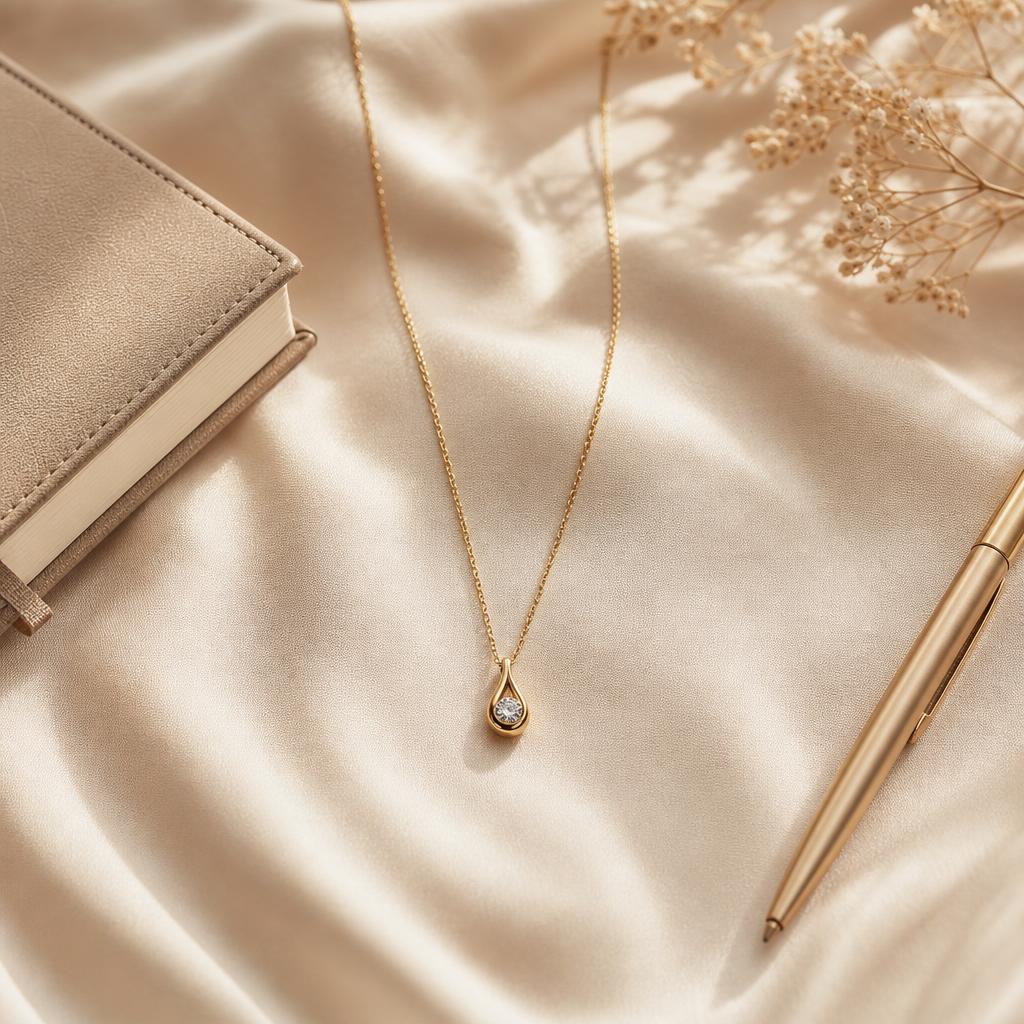 Pendant necklace resting on cream silk beside a leather notebook and pen