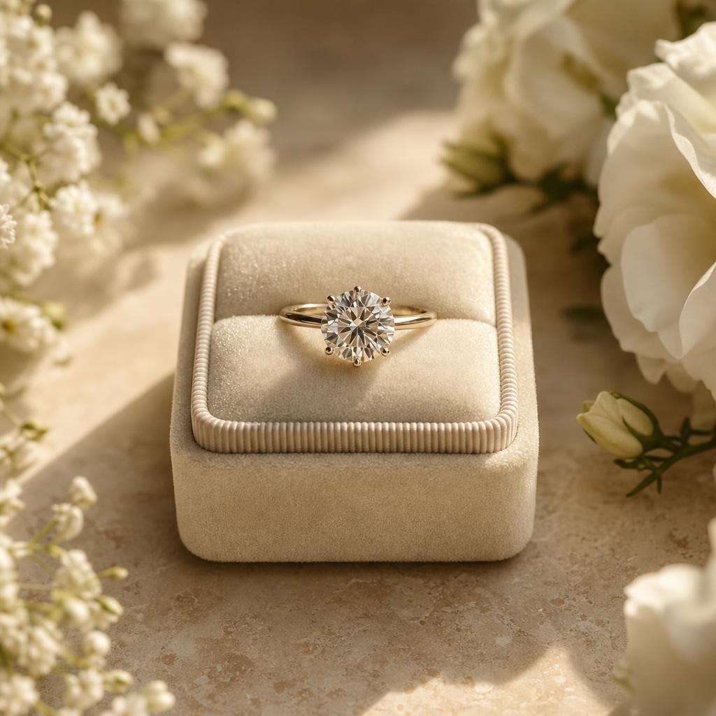 Sparkling round-cut engagement ring resting in a cream velvet ring box