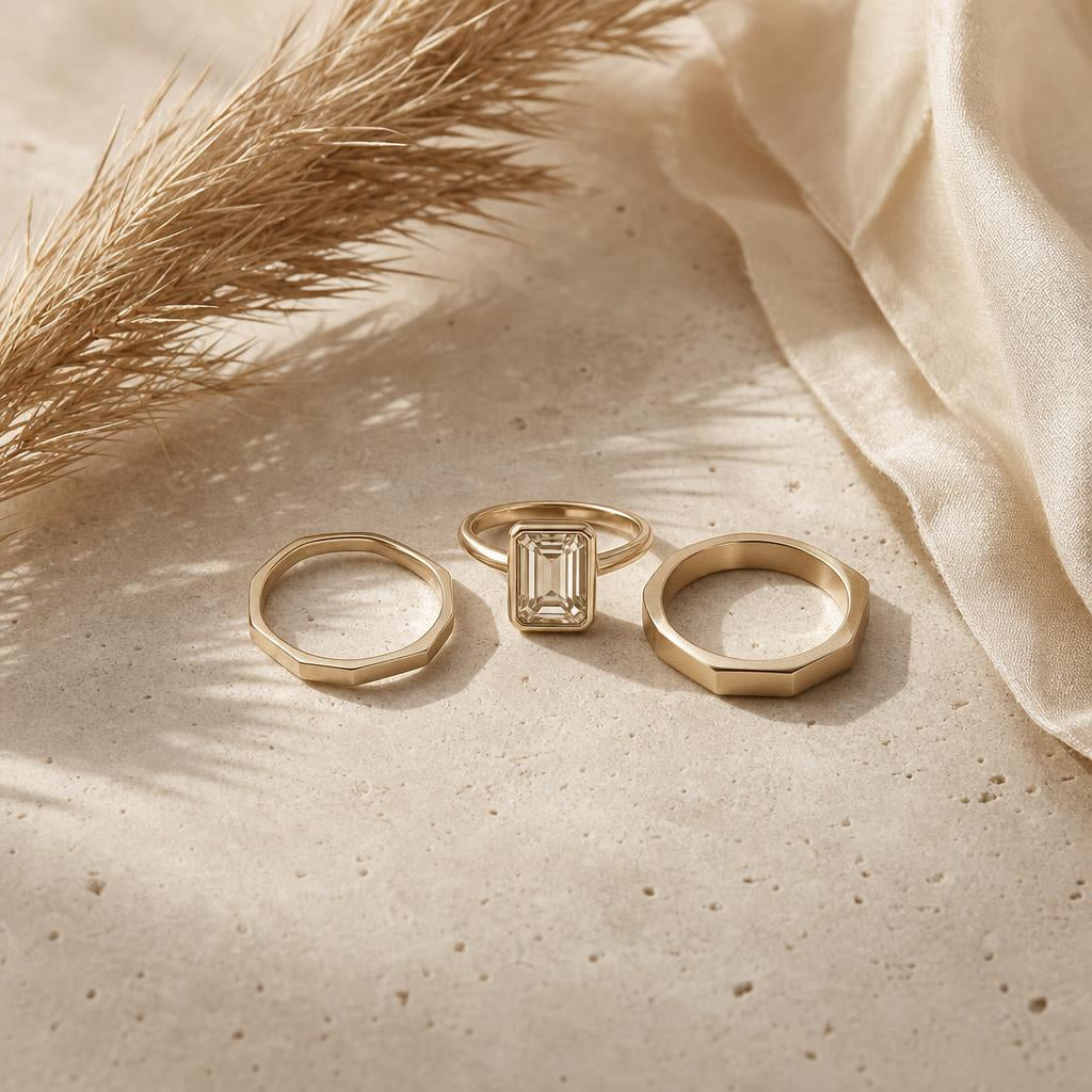 Two geometric wedding bands beside a rectangular faceted ring, warm flat lay