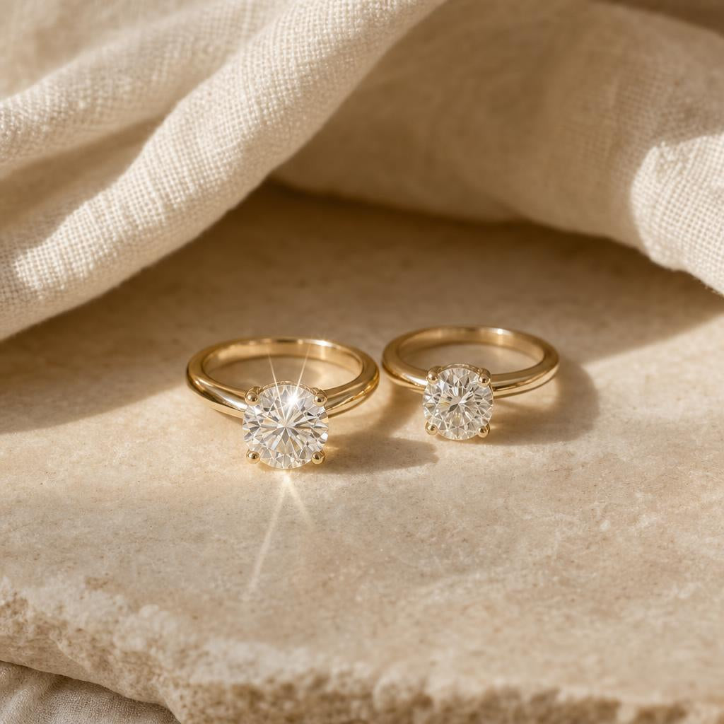Two diamond rings side by side on warm cream stone surface