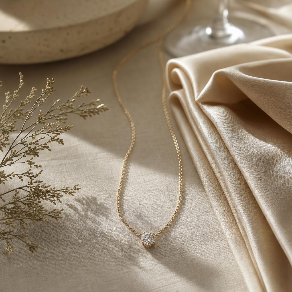 Sparkling pendant necklace on cream linen beside a silk napkin
