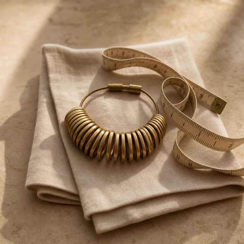 Brass ring sizer gauge and tape measure on warm cream linen