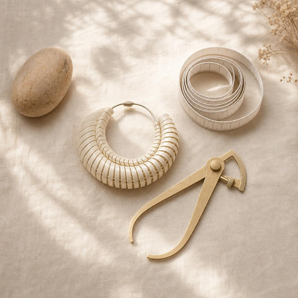 Paper ring sizer, measuring tape, and calipers on warm linen surface