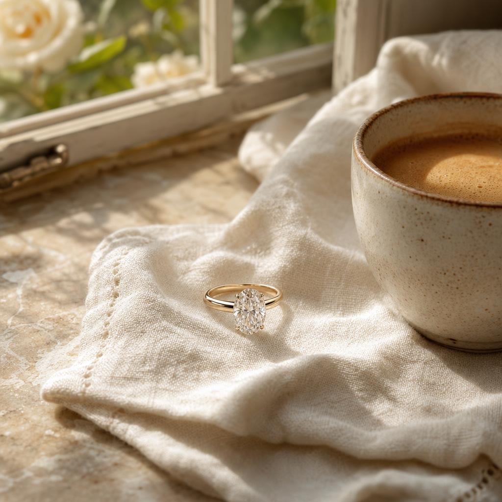 Oval solitaire ring on cream linen beside a morning coffee cup