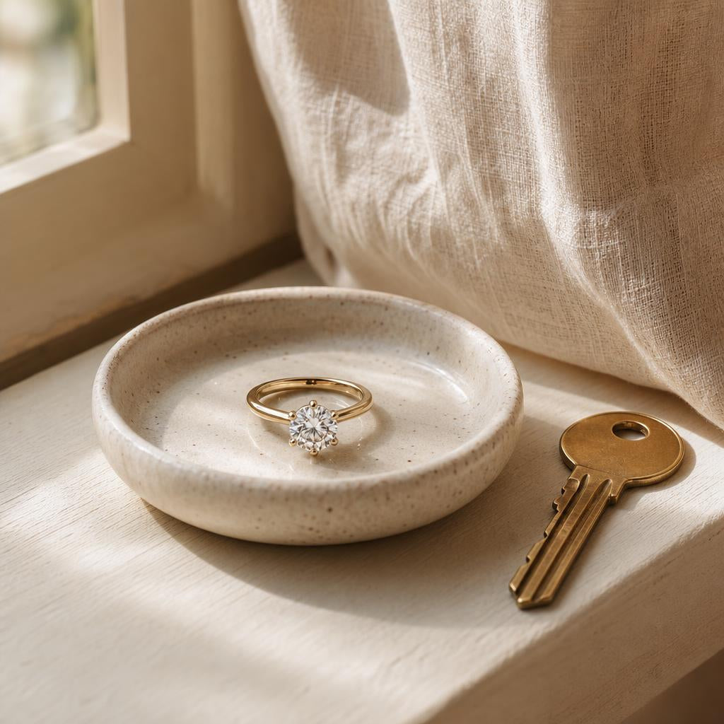 Simulated diamond solitaire ring beside a brass apartment key on a sunlit windowsill