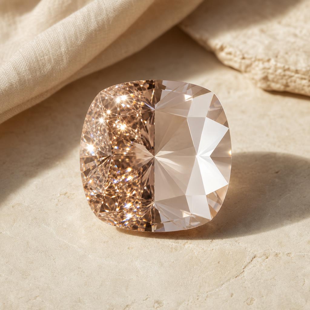 Faceted gemstone centered on warm stone surface showing brilliant and step-cut sparkle