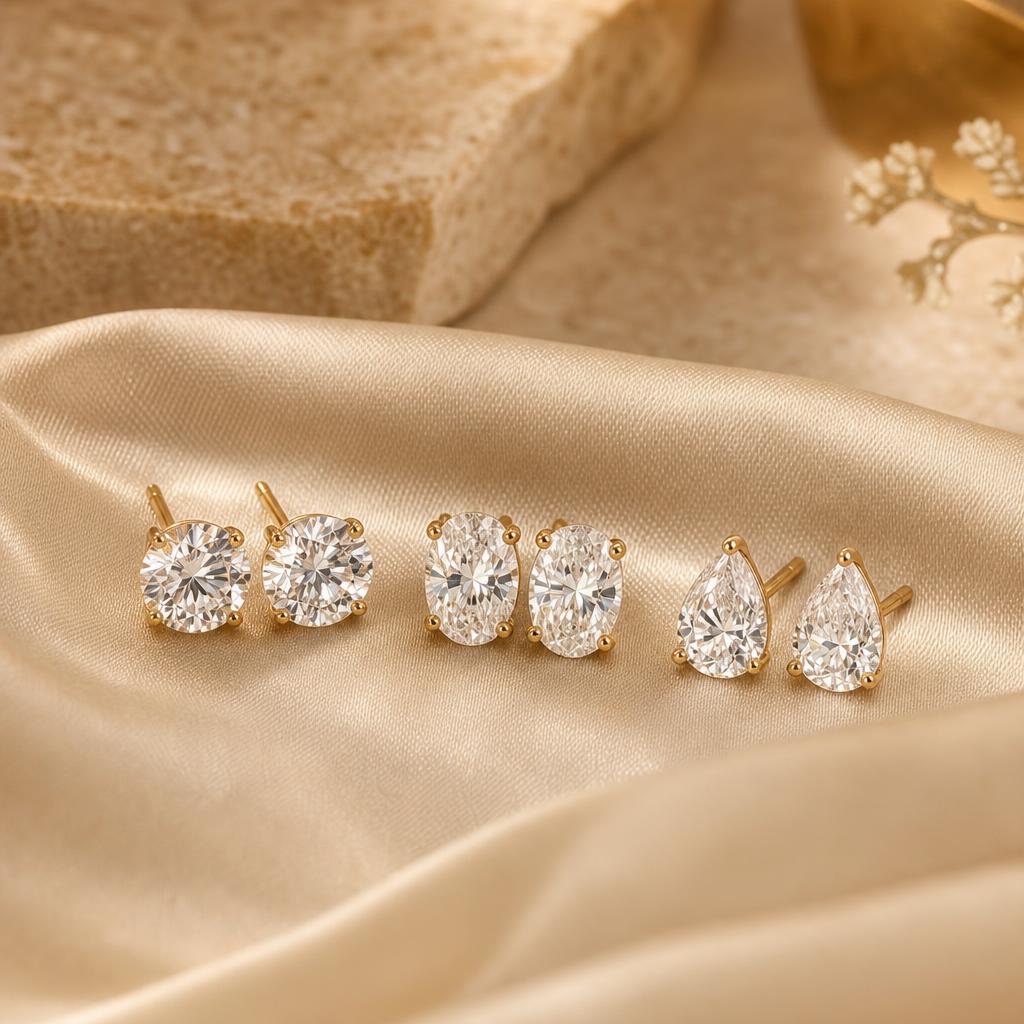 Three stud earring shapes — round, oval, and pear — arranged together