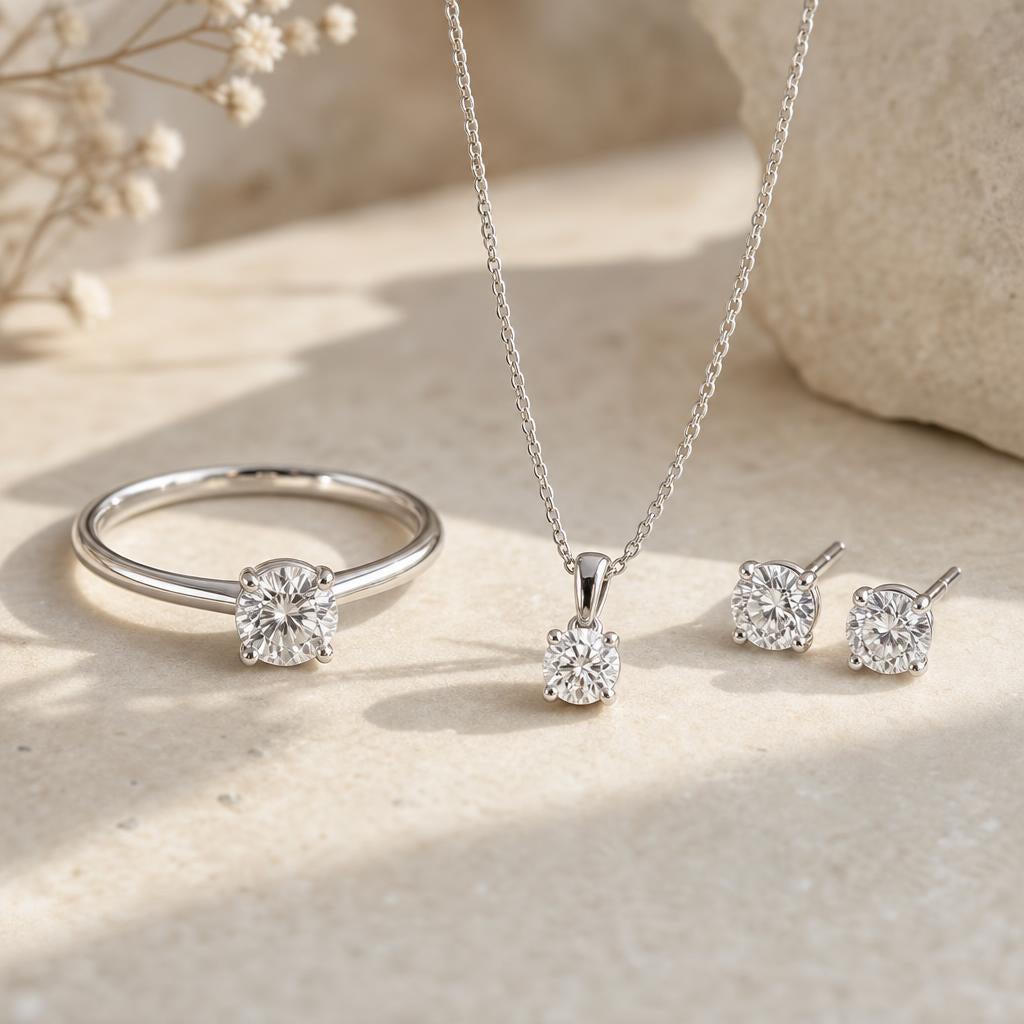 Silver ring, pendant necklace and stud earrings arranged on cream stone