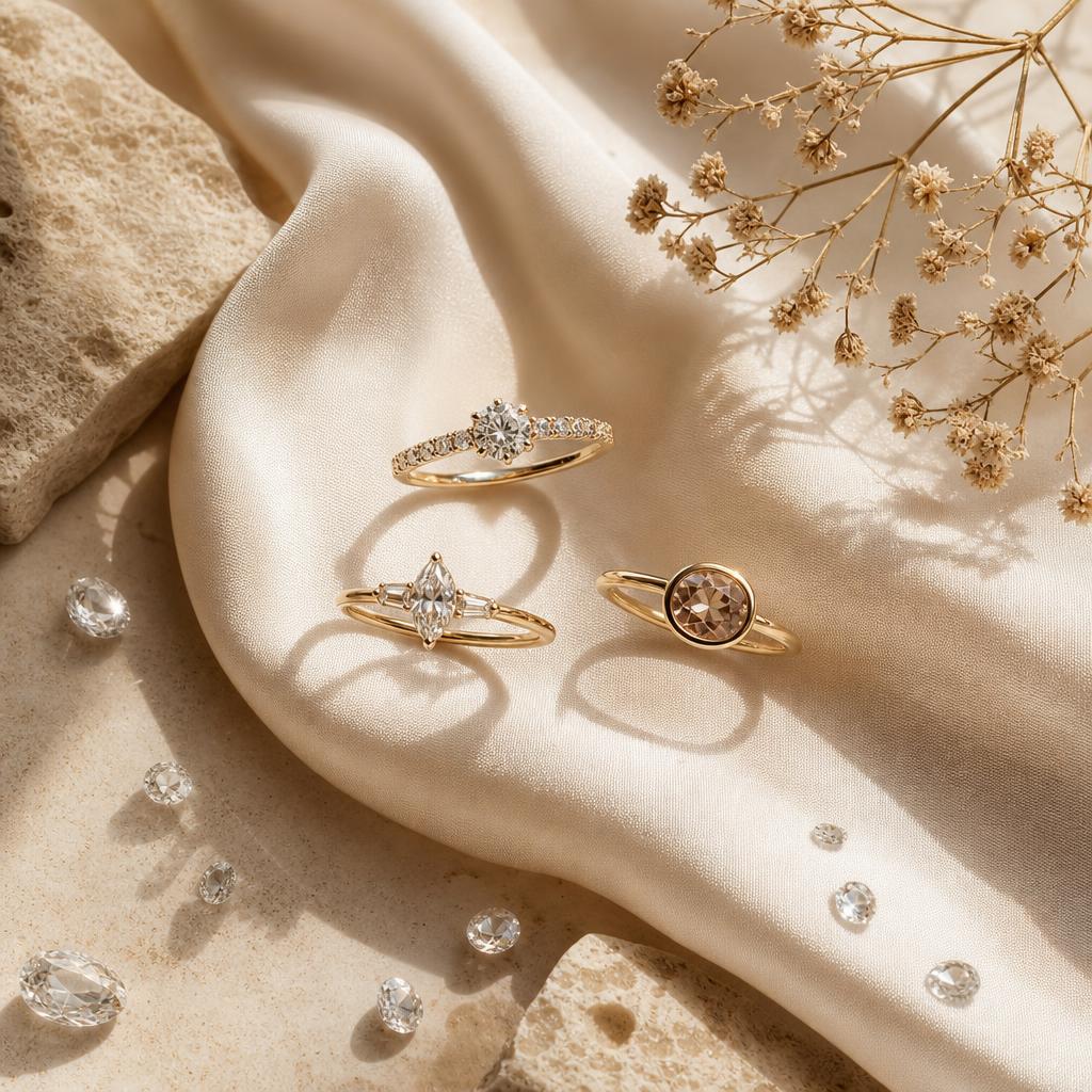 Three rings arranged on warm ivory silk representing different setting styles