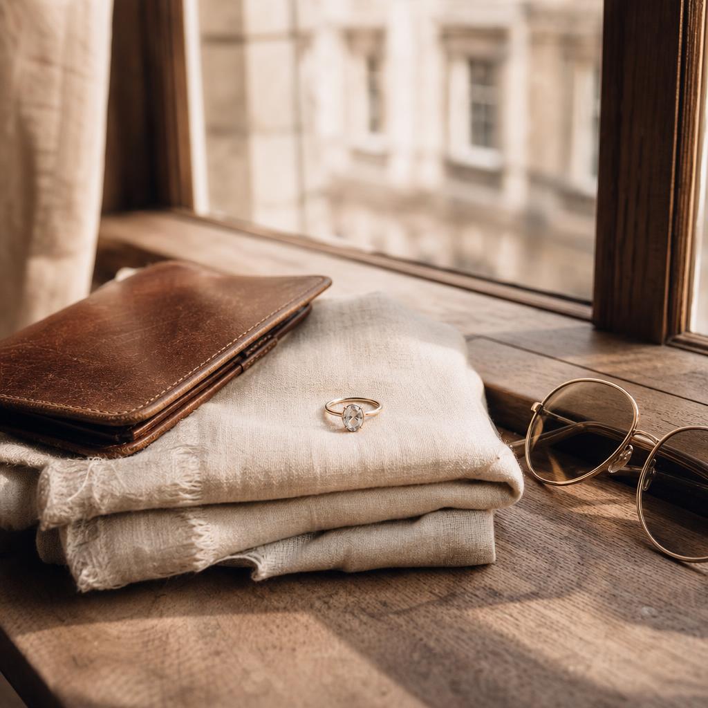 Ring resting on a folded scarf beside a passport holder and sunglasses