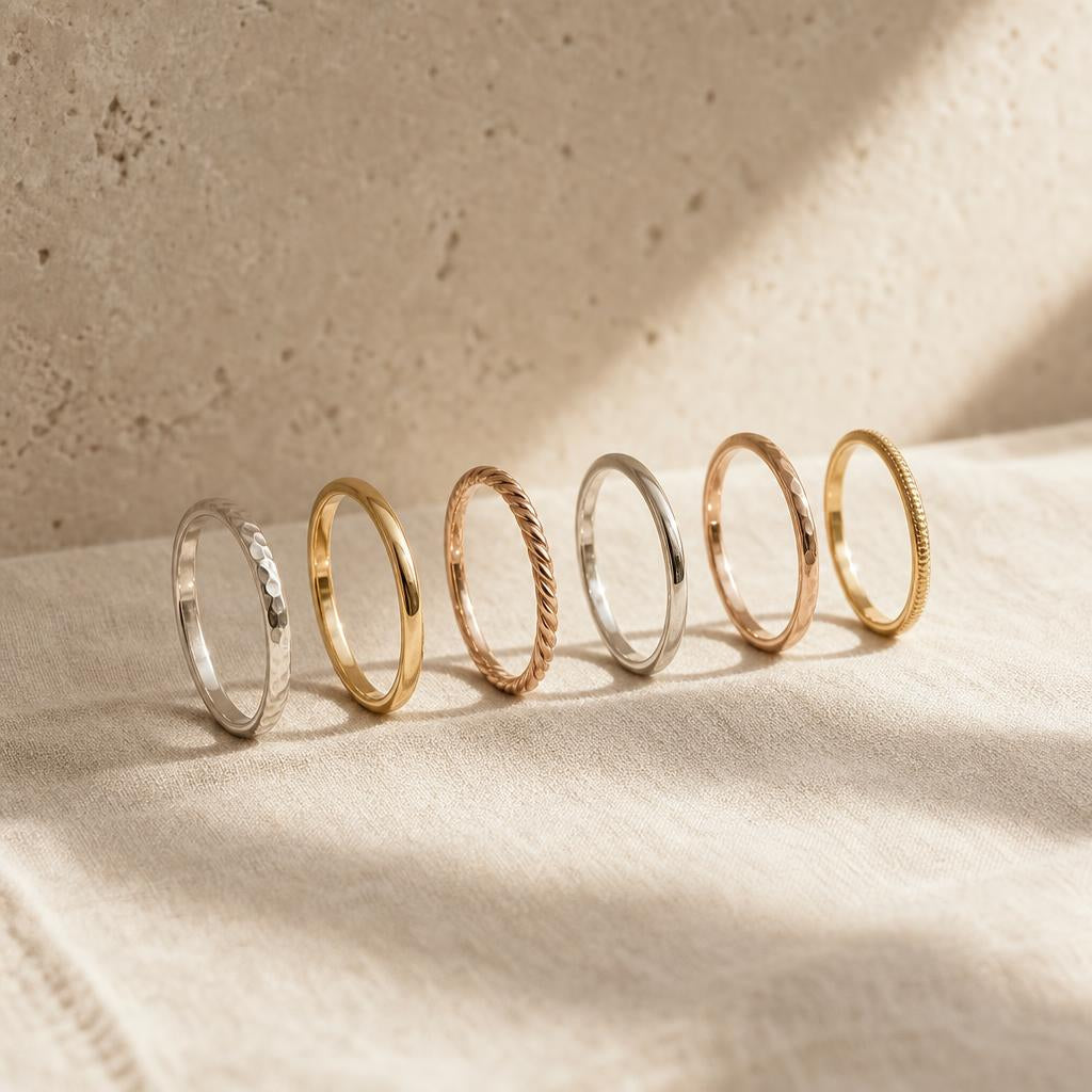 Mixed metal stacking rings arranged in a row on linen fabric
