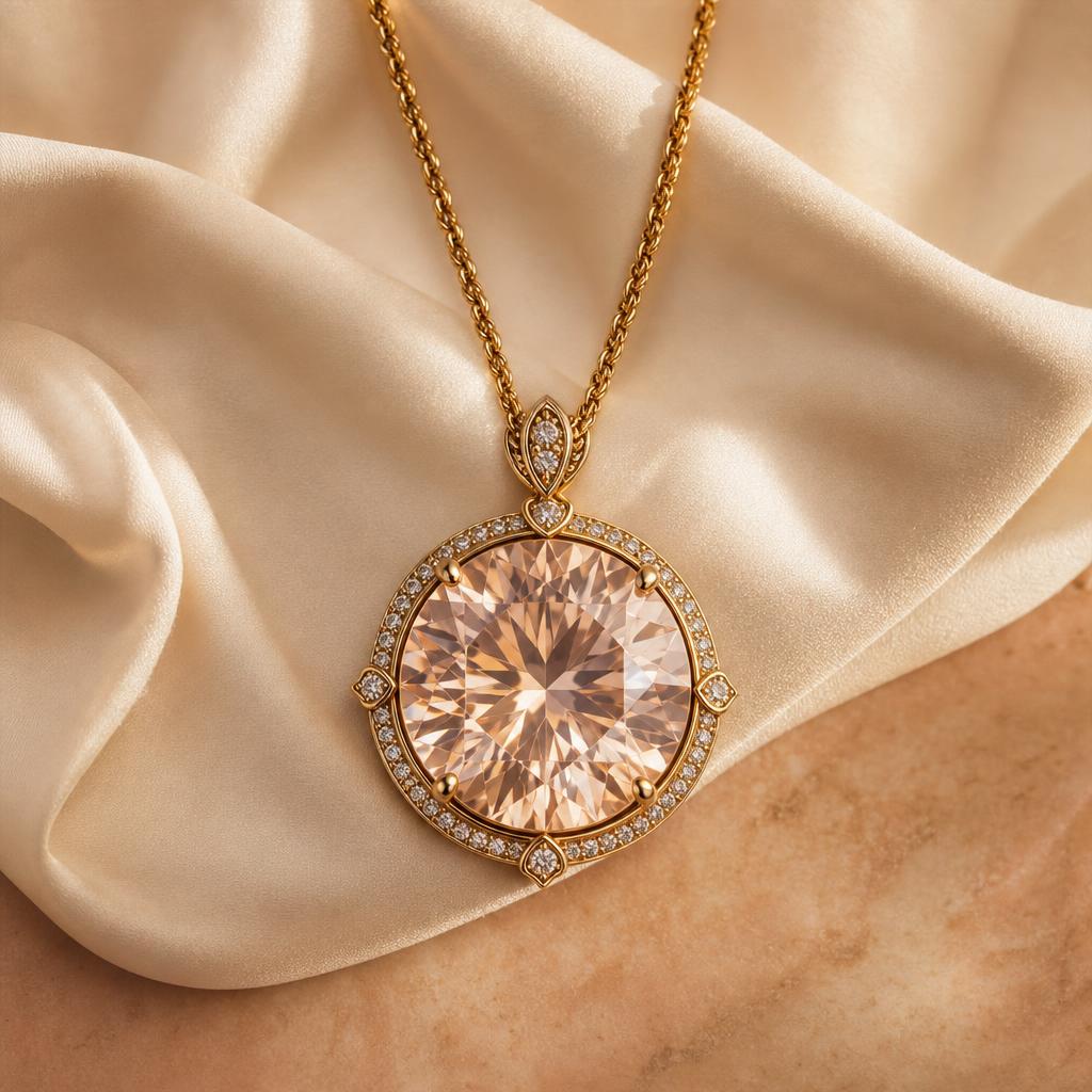 Large sparkling pendant necklace on cream silk against a blush backdrop