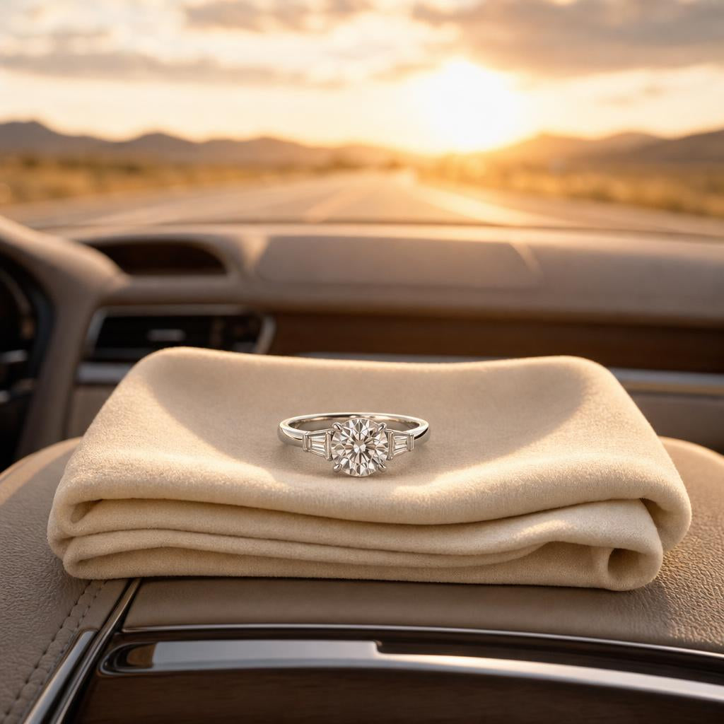 Silver ring resting on cloth atop a car console with sunlit highway view