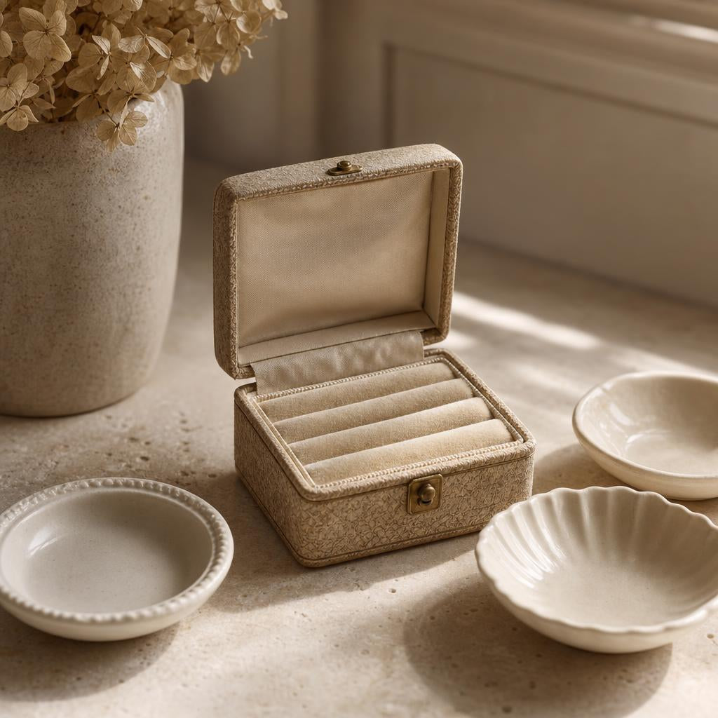 Warm still life of a jewelry box and empty ring dishes on stone