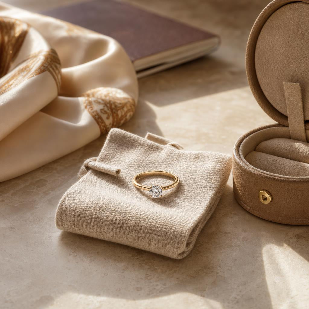 Ring resting on a linen travel pouch beside an open jewelry case