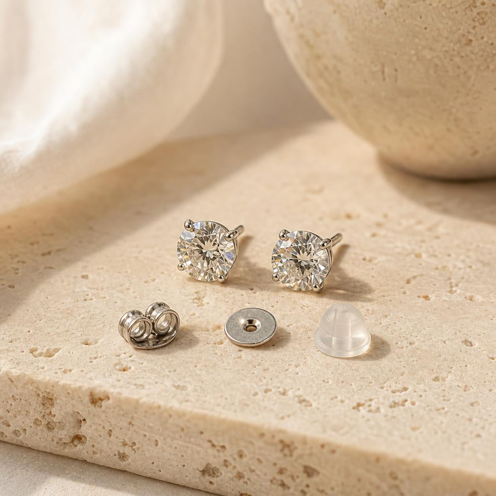 Sparkling stud earrings beside butterfly, flat and silicone earring backs on cream stone