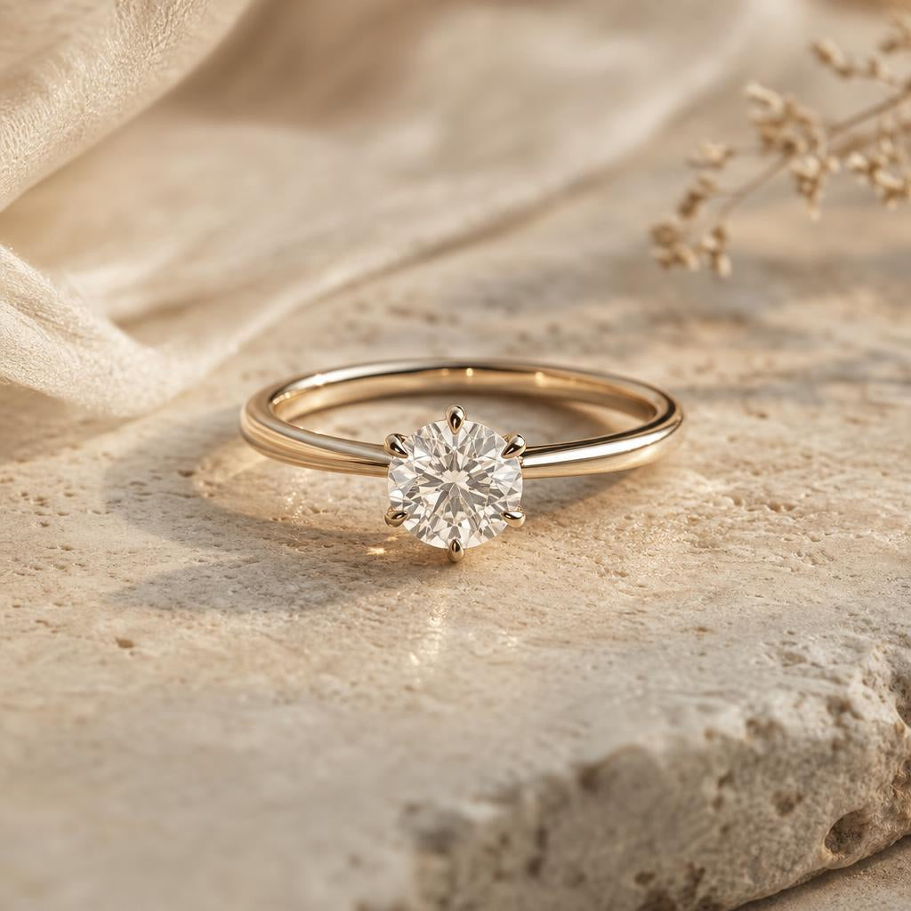Close-up of a solitaire ring's prongs cradling a round center stone