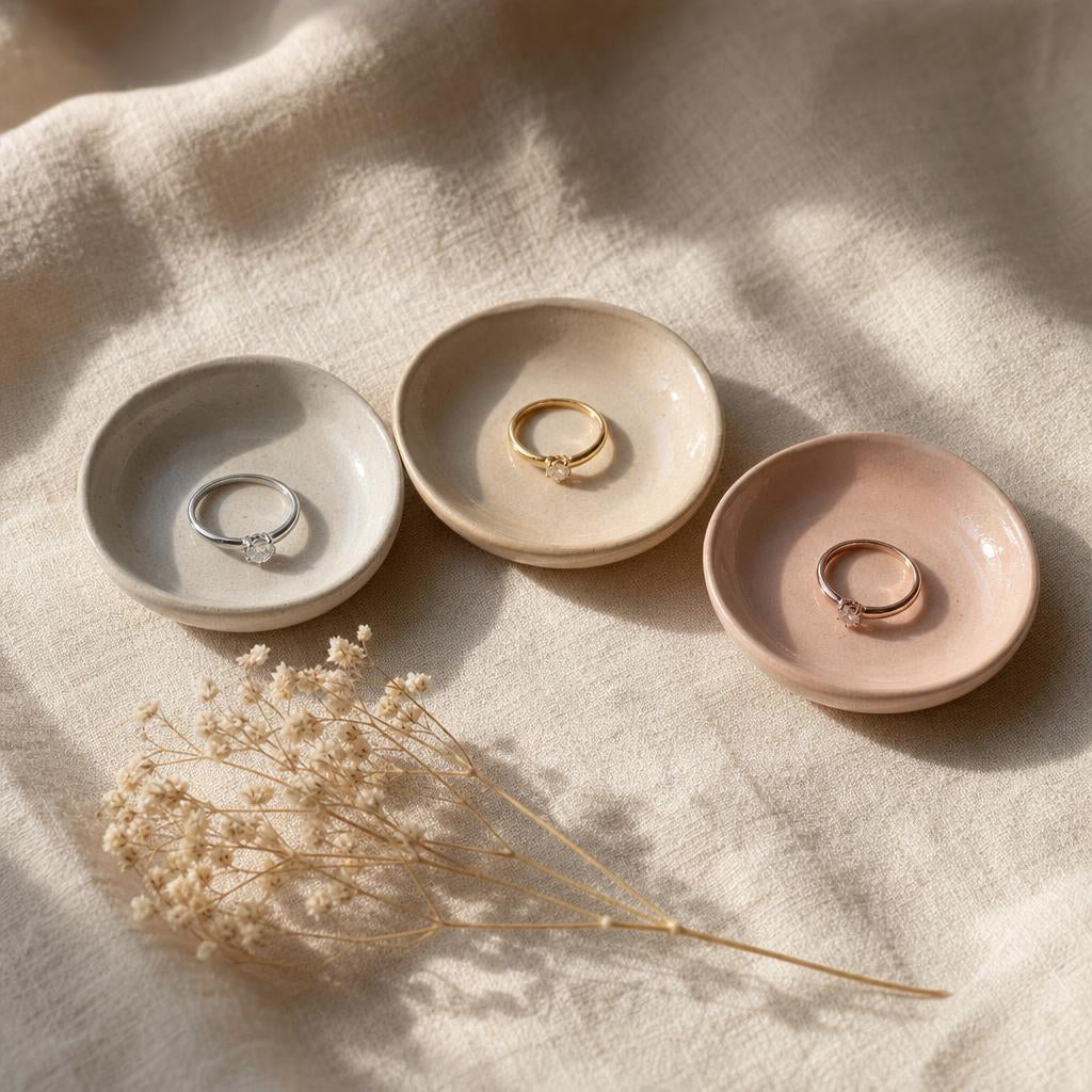 Three rings in platinum, gold, and rose gold tones on cream linen
