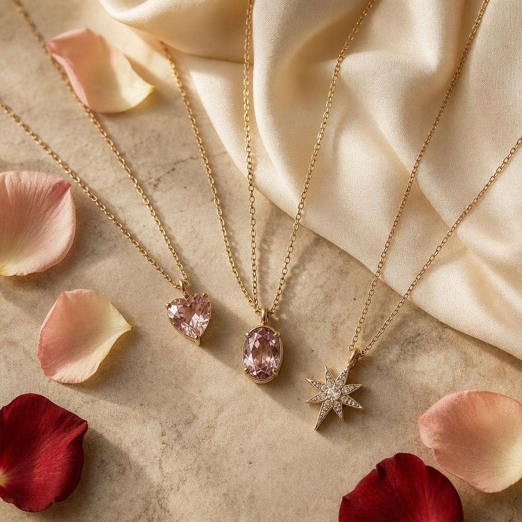 Delicate pendant necklaces with heart, oval, and starburst stones on silk
