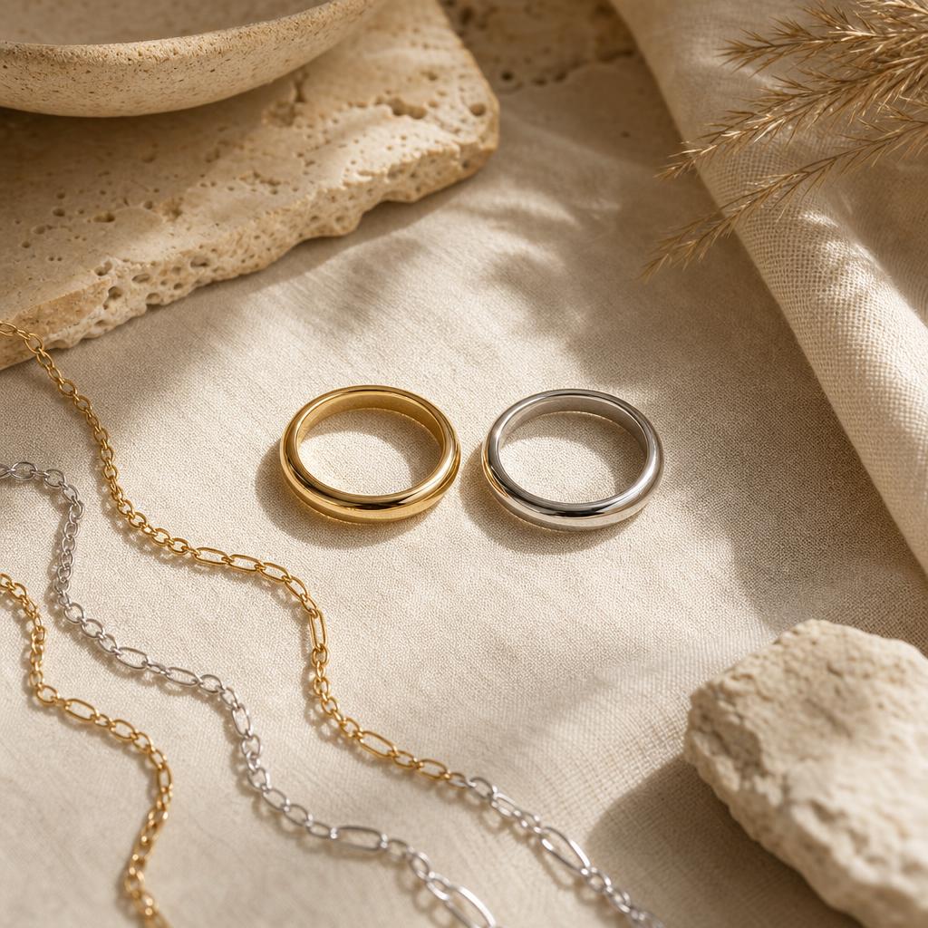 Gold-toned and platinum-toned rings displayed together on cream linen fabric