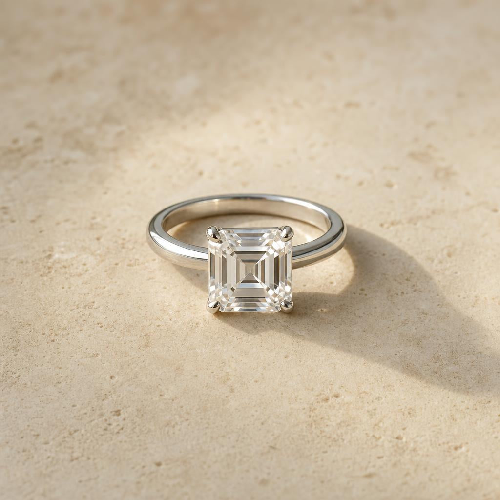 Asscher cut ring resting on cream stone surface in soft natural light