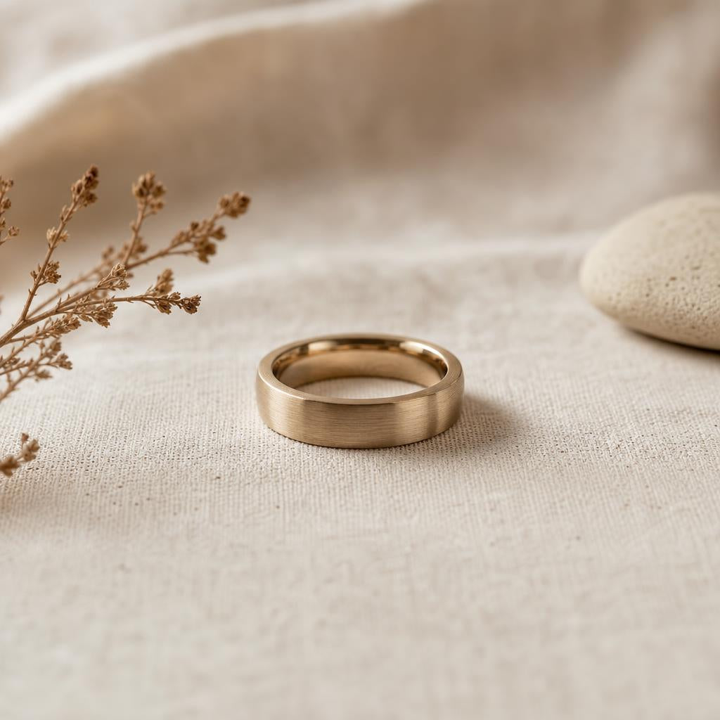 A single plain wedding-style band resting alone on a warm neutral surface