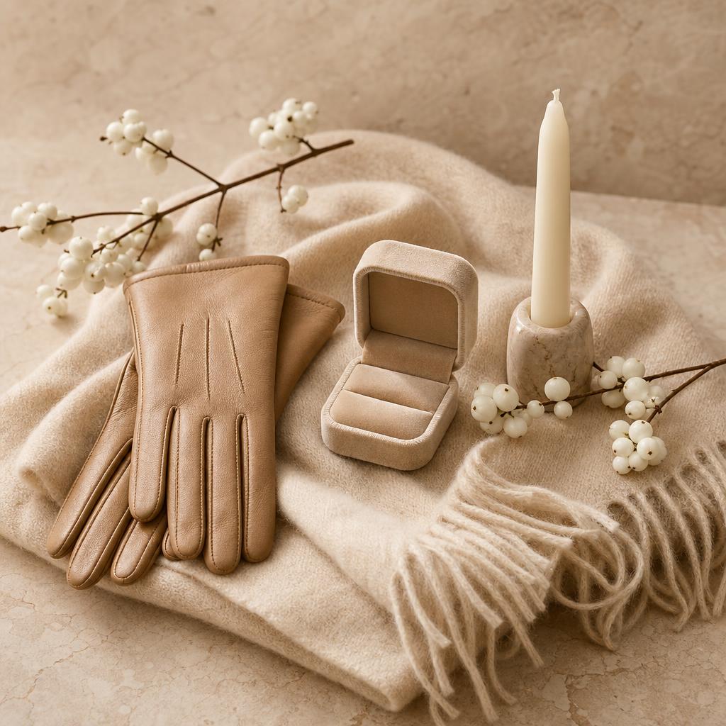 Warm-toned winter still life with velvet jewelry box and leather gloves