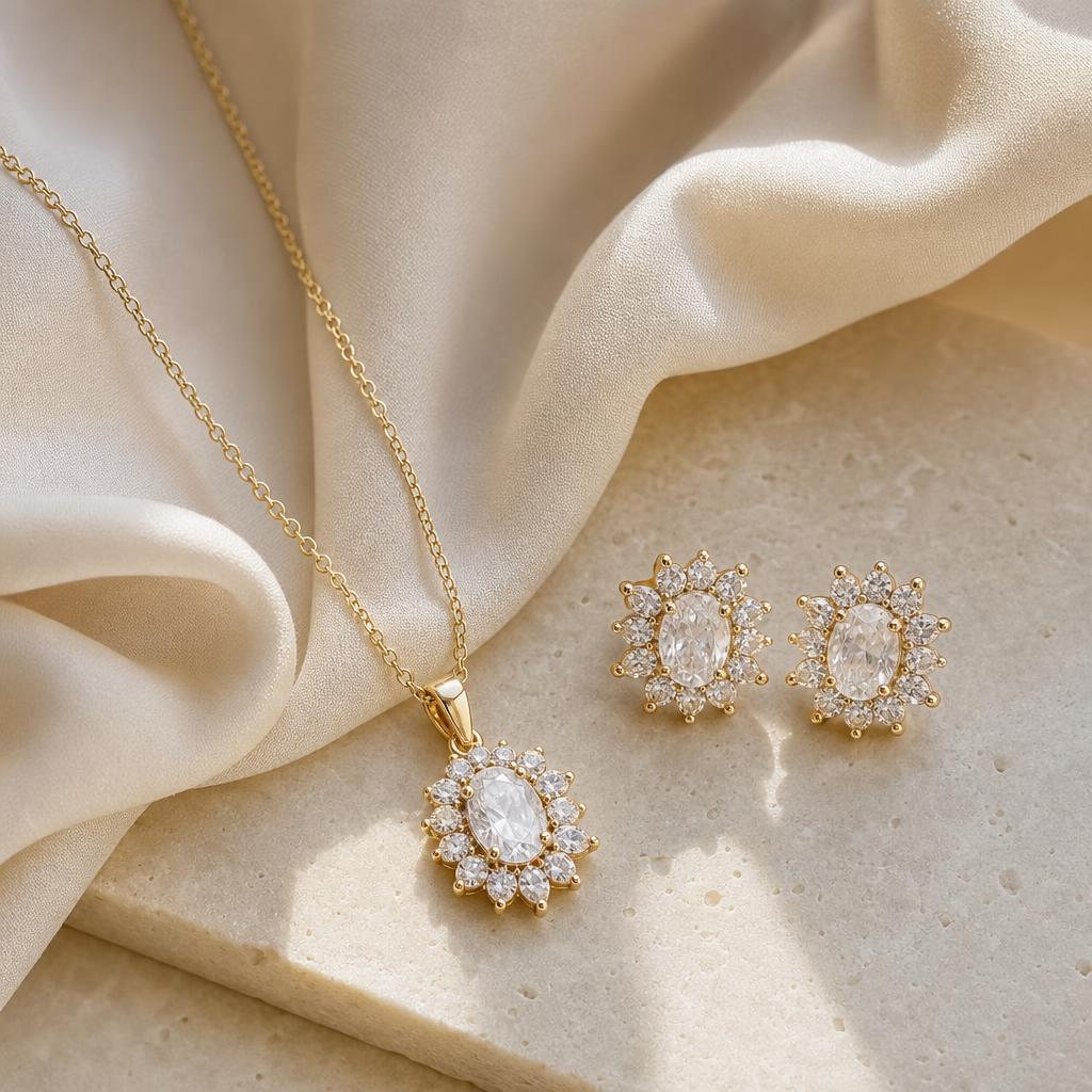 Matching necklace and earring jewelry set on ivory silk