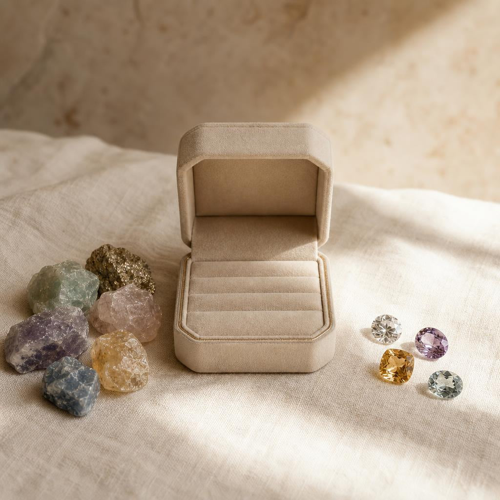 Open ring box beside raw mineral fragments and polished faceted gemstones on linen