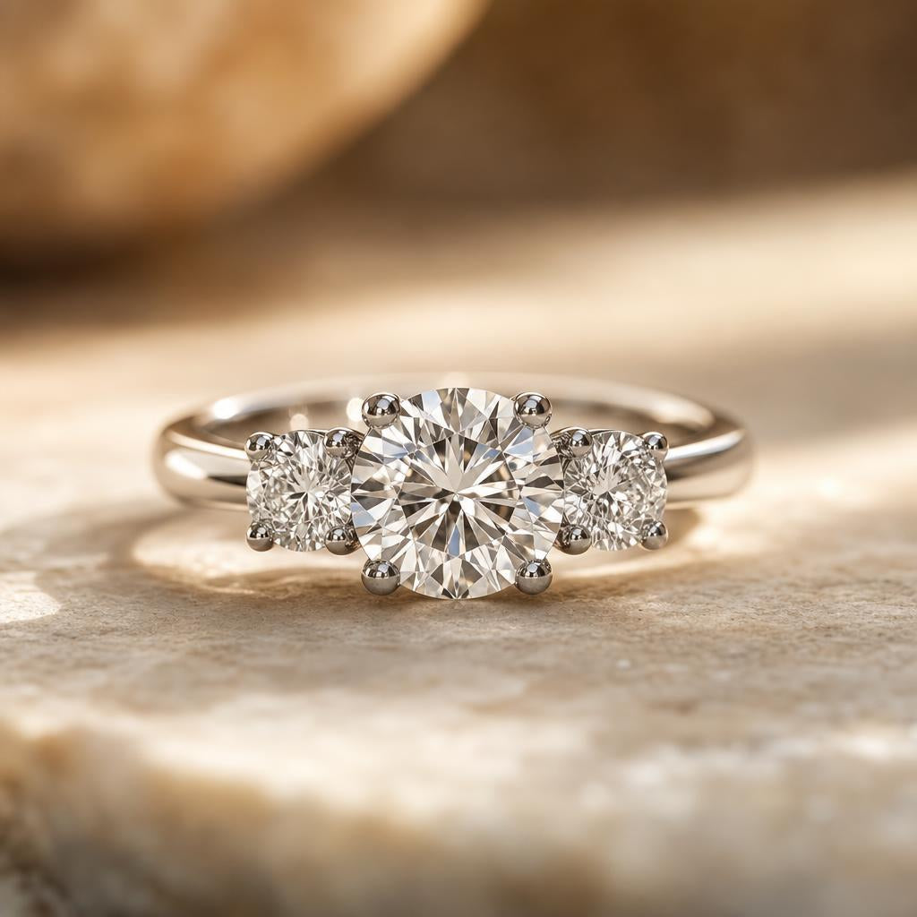 Three-stone engagement ring with heart-shaped side stones on cream background