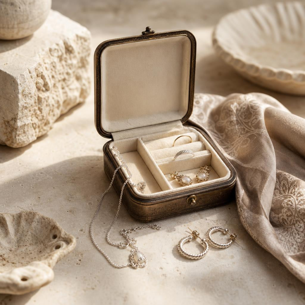 Open jewelry box with delicate jewelry on warm cream stone surface
