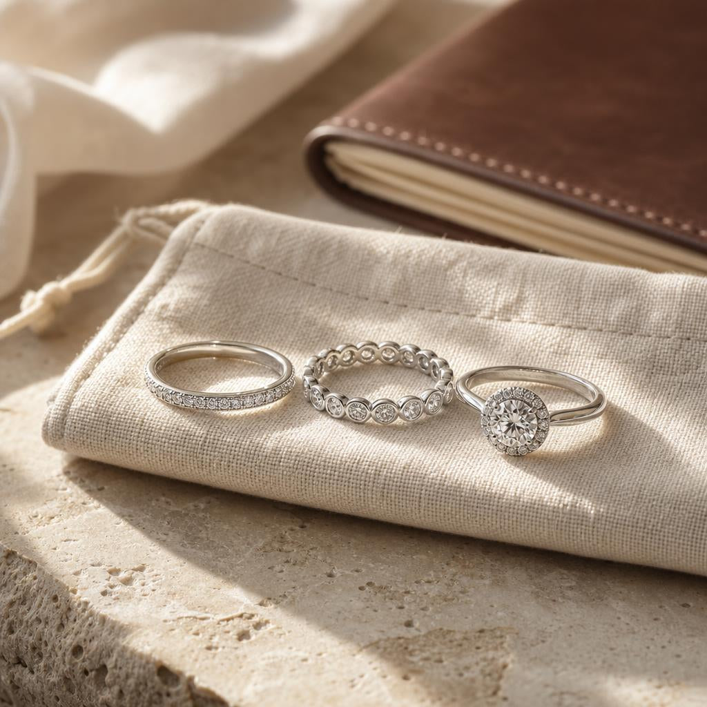 Three silver rings resting on a linen travel pouch beside a leather passport wallet