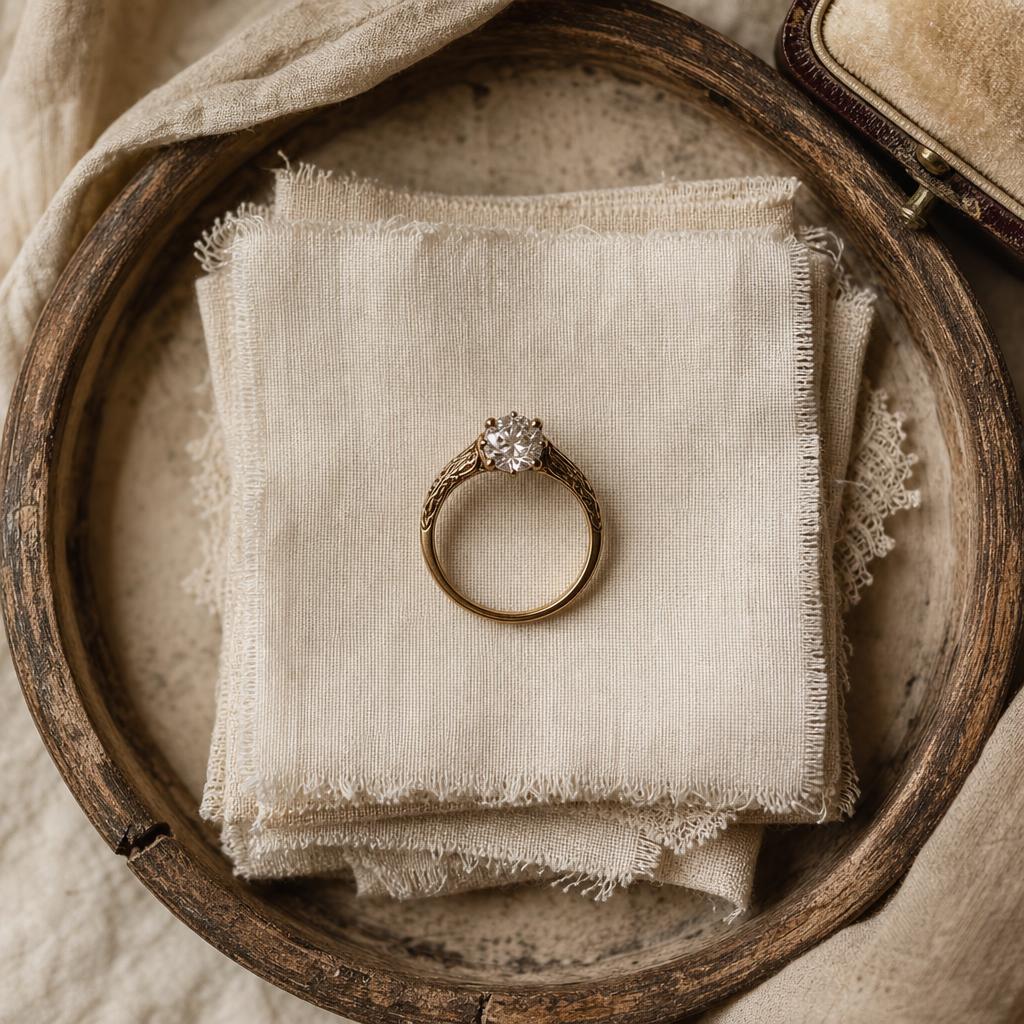 Antique-style solitaire ring resting on aged cream linen in warm light