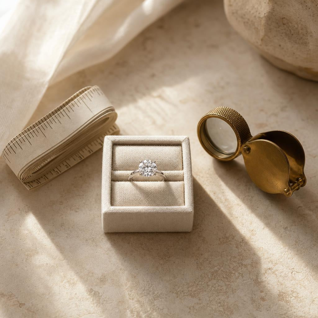 Solitaire ring on a cream linen tray beside a tape measure and loupe