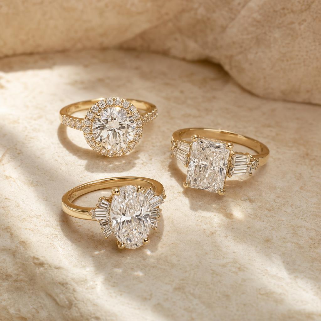 Three sparkling diamond rings on warm cream stone surface in natural light