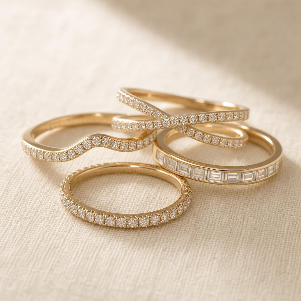 Four diamond stacking bands arranged on a warm cream linen surface in soft natural light