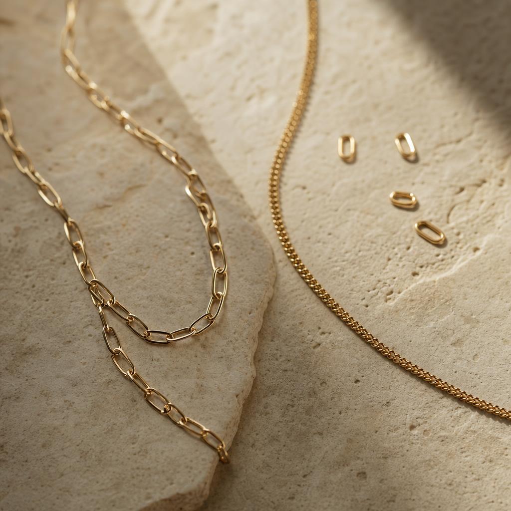 Two gold necklace chains draped side by side on warm cream stone