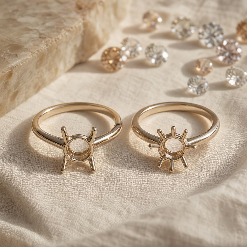 Two empty ring settings showing four-prong and six-prong metalwork side by side