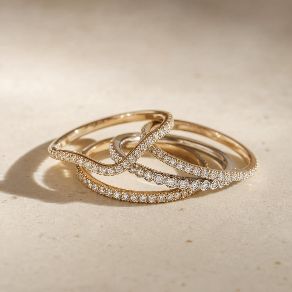 Several delicate pavé eternity bands and a wishbone ring arranged on a warm cream surface