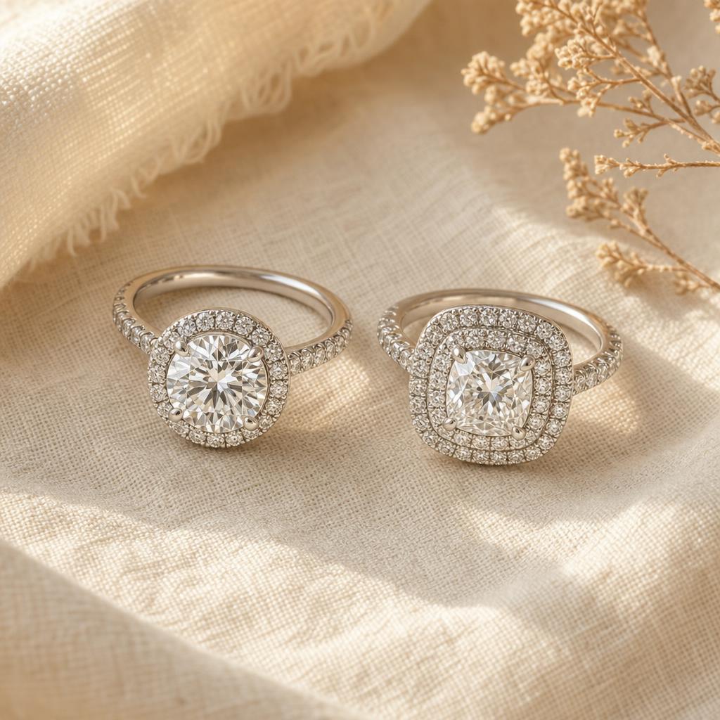 Two simulated diamond engagement rings on warm cream linen, halo settings