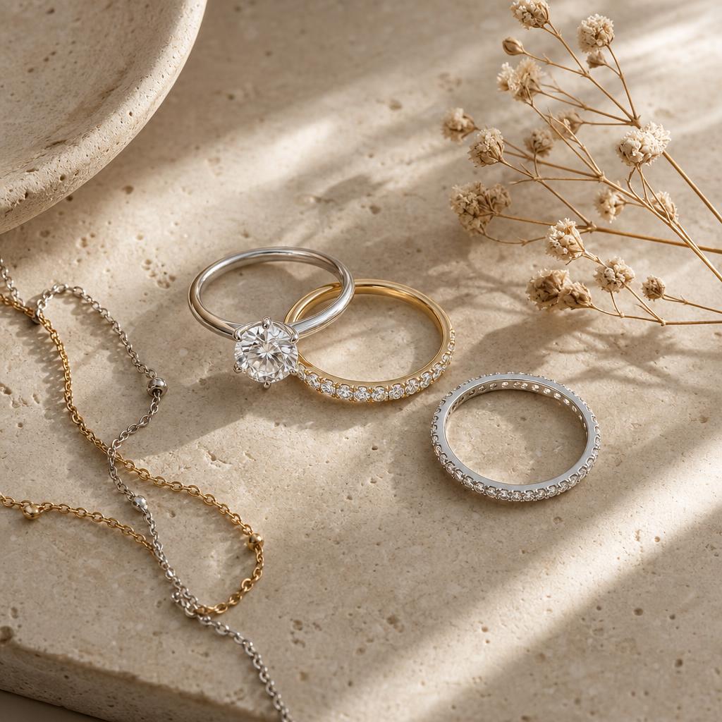 Three delicate simulated diamond rings arranged on a warm cream stone surface