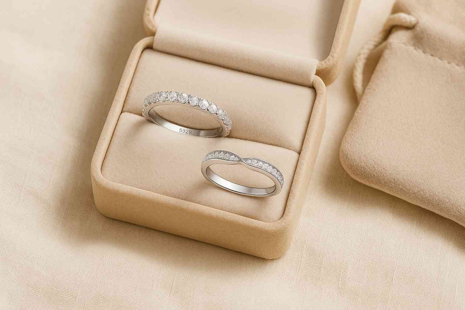 Two Gemiros rings — the Infinity Ring with a crossover pavé design and the Eternity Ring with full pavé stones — displayed on a linen jewelry pouch.
