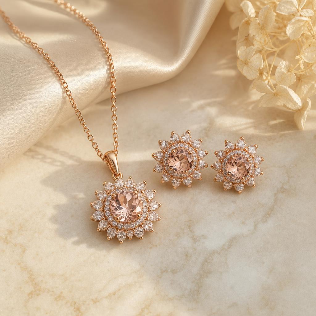 Coordinated pendant necklace and stud earring jewelry set on silk