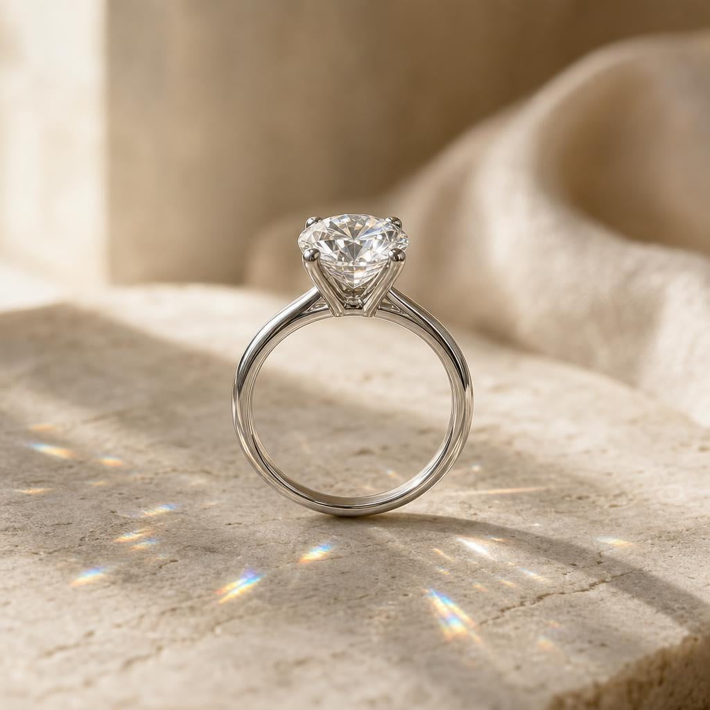 Round brilliant moissanite solitaire ring centered on warm cream stone surface