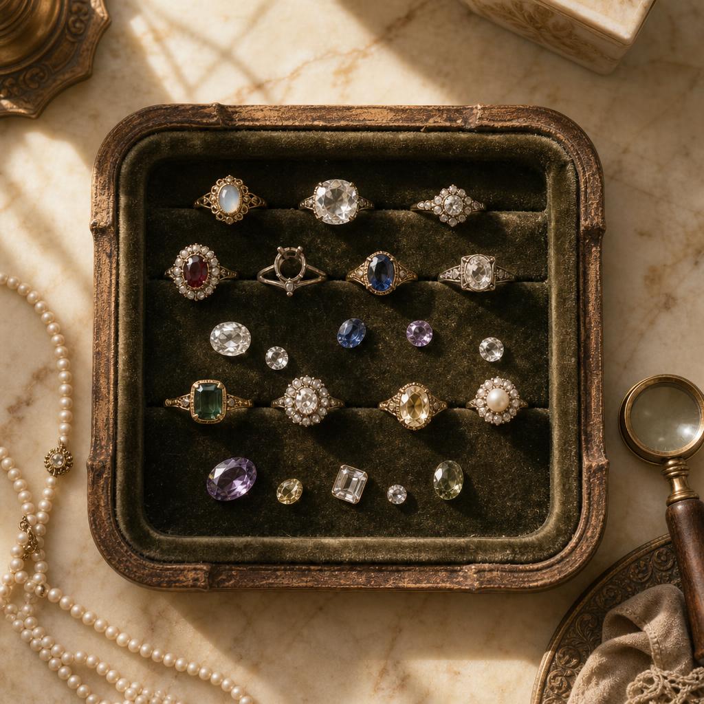 Vintage jeweler's tray with antique ring settings and loose faceted stones