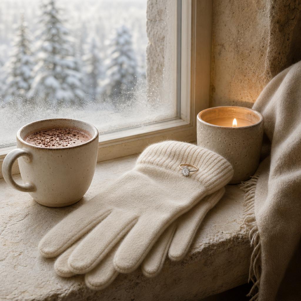 Cream cashmere gloves with a sparkling ring beside cocoa and candlelight