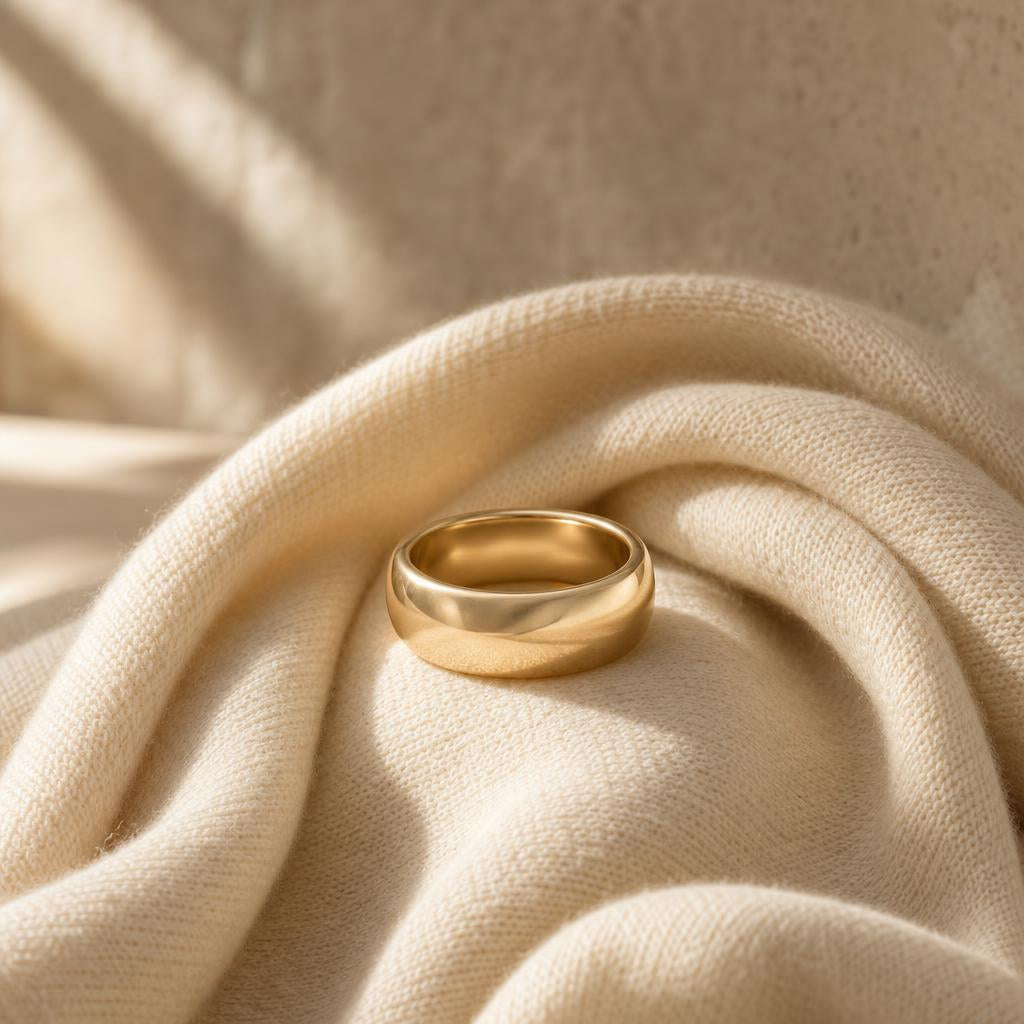 Smooth wide comfort-fit ring resting on soft cream knit fabric