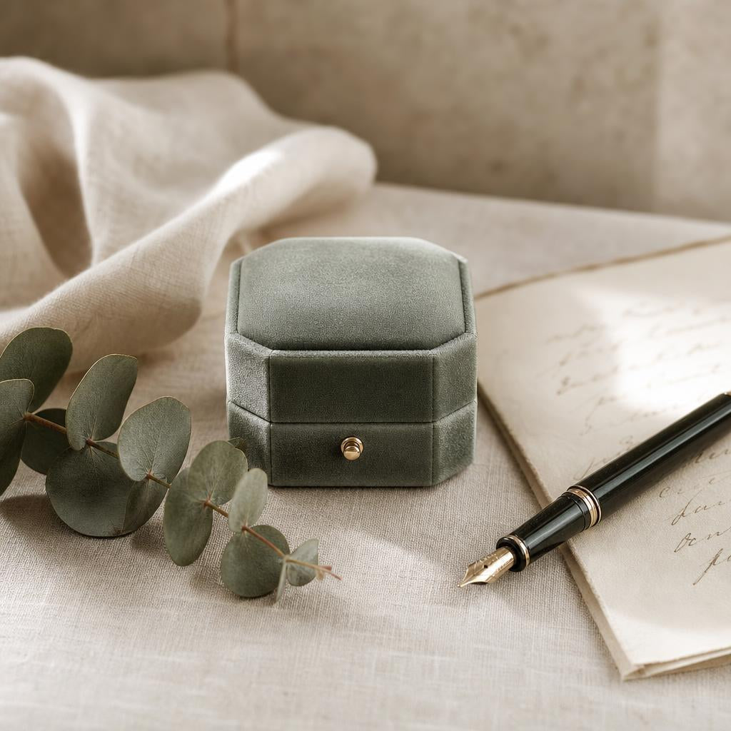 Elegant ring box, pen and handwritten note on cream linen
