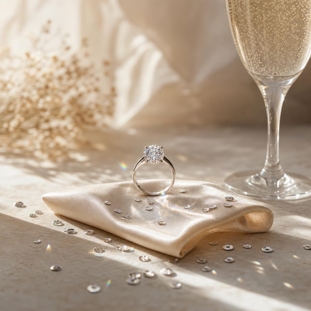 Sparkling gemstone ring on champagne satin beside sparkling wine and silver sequins