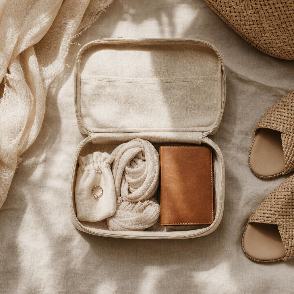 Ring resting in an open travel packing pouch with scarf and passport